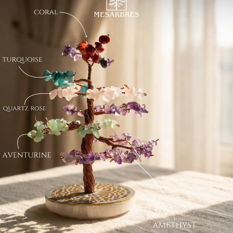 Arbre en pierres naturelles mixtes fait main en fil de cuivre